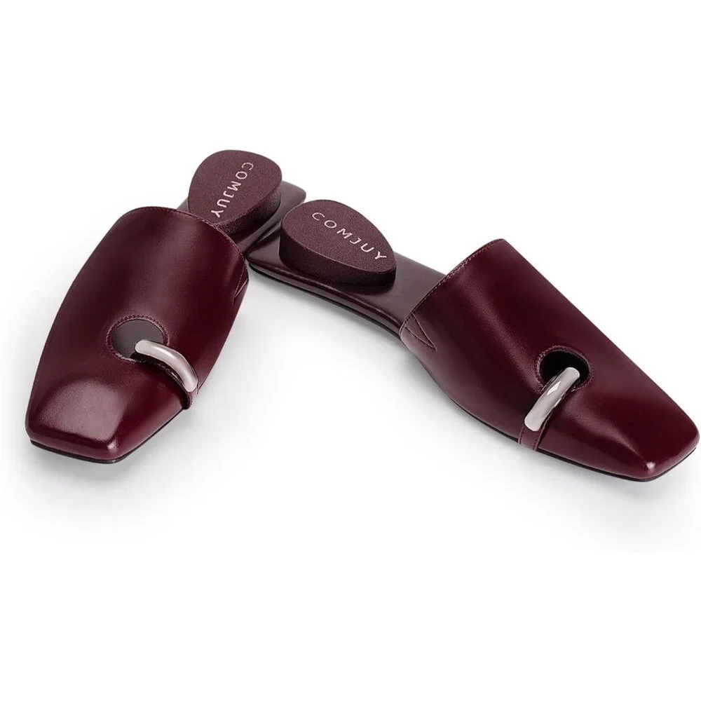 Beige Square Toe Mule Sandals Women Slip On Low Kitten Heels Faux Leather Heels - Picture 4 of 7